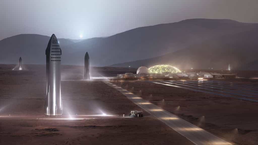 Vue d'artiste d'une colonie martienne, avec à gauche les vaisseaux Starship de SpaceX. © SpaceX