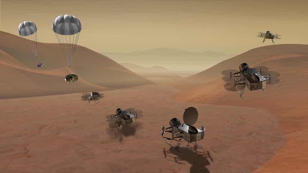Une vue artistique de ce que pourrait être le Dragon Fly, un engin volant conçu pour se promener sur Titan, la plus grosse lune de Saturne. © Laboratoire de physique appliquée de l'université Johns-Hopkins, Steve Gribben