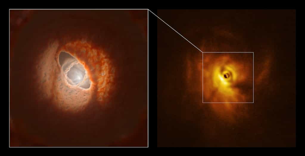L'anneau intérieur de GW Orionis : modélisation (à gauche) et observation (à droite) © ESO, L. Calçada, Exeter, Kraus et al.