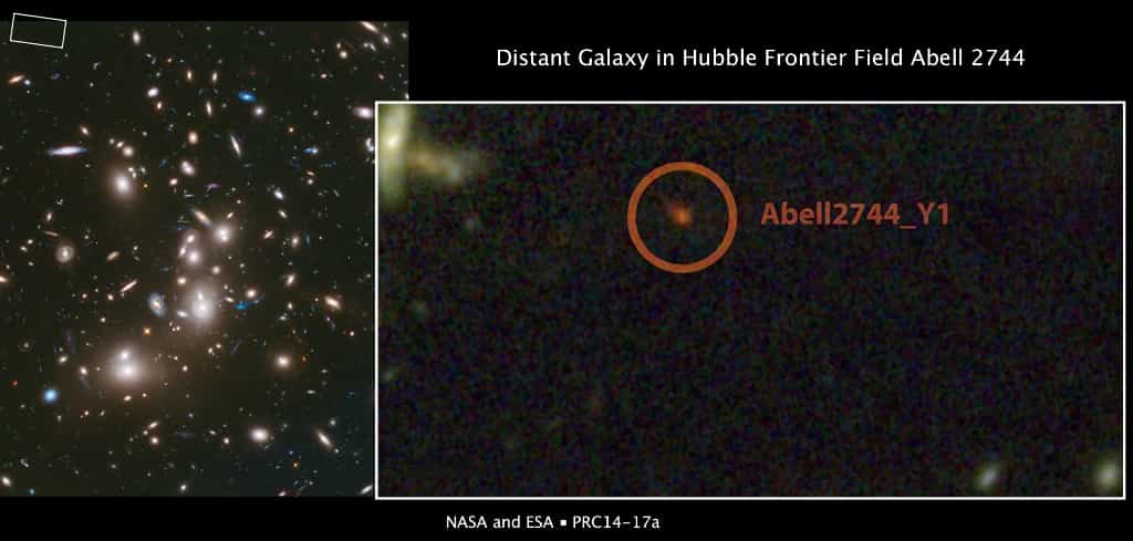 L'amas de galaxies Abell 2744 se comporte comme une lentille gravitationnelle. Avec cet effet, on peut observer des objets parfois 100 fois moins lumineux que ne le permettrait un télescope. Dans le cas présent, il a permis de débusquer en haut à gauche une région où l'on a découvert une des plus lointaines galaxies connues. Elle a été baptisée Abell2744_Y1. © Nasa, Esa, J. Lotz, M. Mountain, A. Koekemoer, HFF Team (STScI), N. Laporte (Instituto de Astrofisica de Canarias)