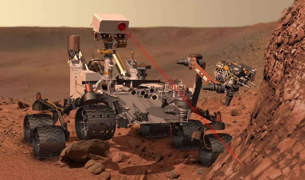 Illustration d’un tir laser effectué par la ChemCam de Curiosity. L’instrument permet d’analyser à distance la composition des roches visées. Grâce à cette opération, le rover a pu détecter de l'oxyde de manganèse. Il a ainsi permis de déduire que l'atmosphère de Mars était plus riche en oxygène dans le passé qu'aujourd'hui. © Nasa