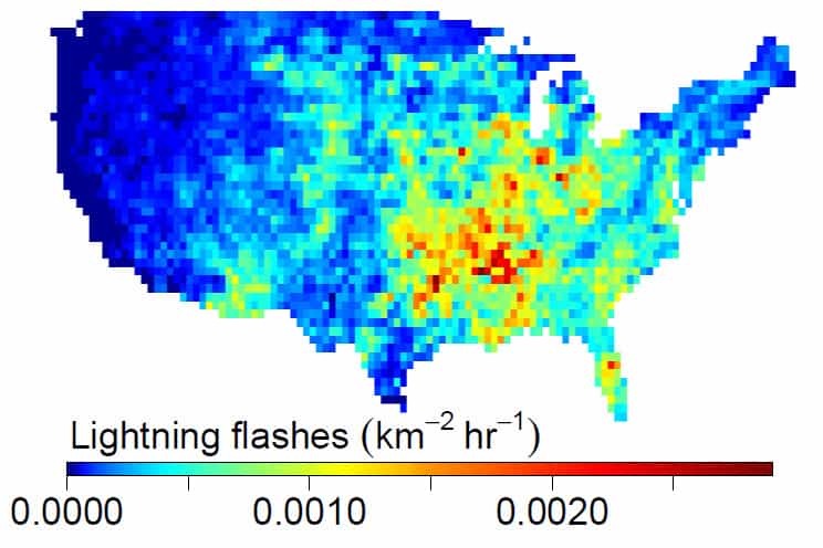 L'intensité des coups de foudre (lightning) en moyenne sur l'année 2011 dans 48 États aux États-Unis. © National Lightning Detection Network