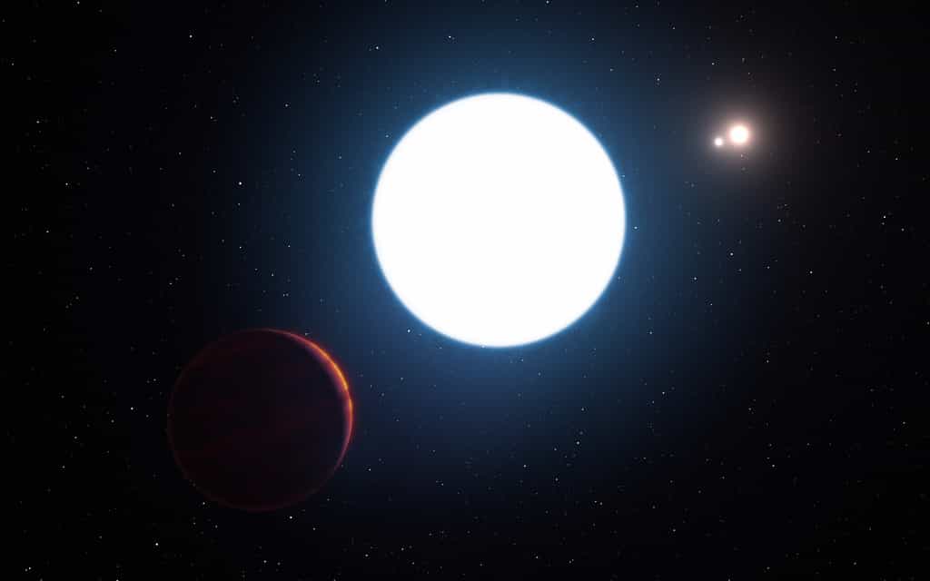 Cette représentation d'artiste montre le système d'étoiles triple HD 131399 vu depuis les environs de la planète géante en orbite au sein du système. La planète a été baptisée HD 131399 Ab. Elle se situe dans l'angle inférieur gauche de l'image. © ESO/L. Calçada/M. Kornmesser