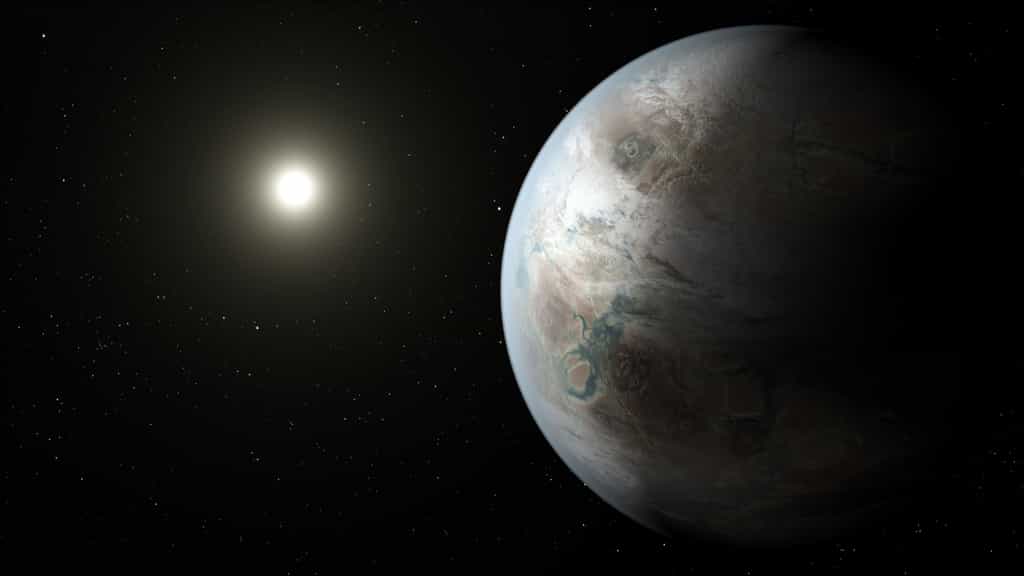 Une vue d'artiste de Kepler 452b. L'exoplanète tourne en un peu plus d'un an terrestre autour d'une étoile de type G2, comme le Soleil, mais plus âgée que lui. De l'eau liquide existe peut-être à sa surface car elle se trouve dans la zone d'habitabilité. © Nasa Ames, JPL-Caltech, T. Pyle
