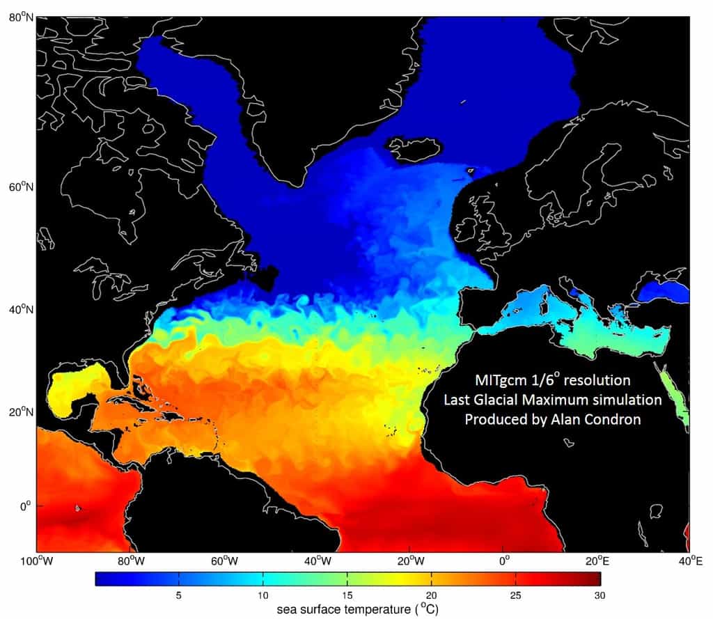 Alan Condron a développé l'un des premiers modèles à haute résolution de la circulation de l'océan au cours du dernier maximum glaciaire, il y a environ 21.000 ans, alors que le niveau des océans était inférieur de 120 m à celui d’aujourd’hui. L'image ci-dessus montre les températures de surface des océans à cette époque, pendant l'hiver. © Alan Condron