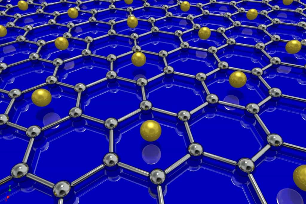 Une vue d’artiste d’un feuillet de graphène « dopé » avec des atomes de lithium pour le rendre supraconducteur. Les atomes de carbone du réseau du graphène sont en gris. © University of British Columbia