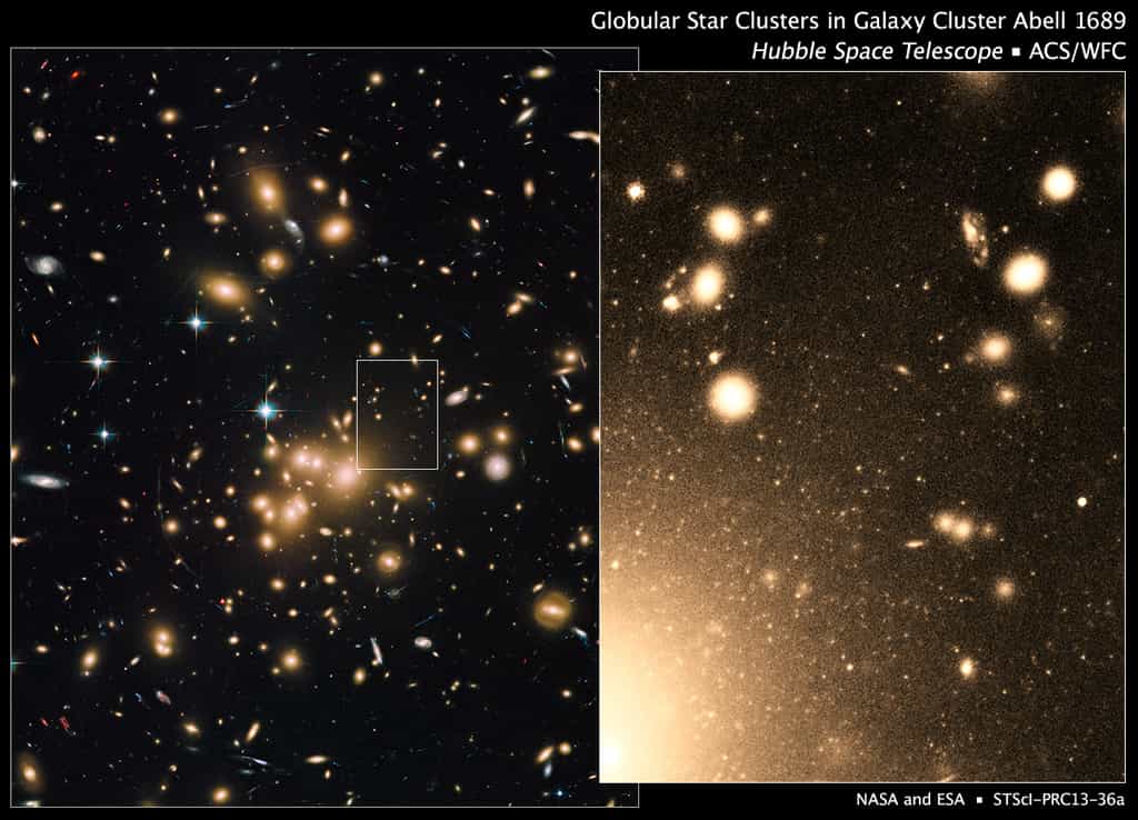 Hubble a été utilisé pour obtenir dans le visible des images de l'amas de galaxies Abell 1689, que l'on voit à gauche. En zoomant (image de droite), on observe des galaxies entourées de sortes de flocons de neige : il s'agit en fait d'amas globulaires. C'est le plus grand groupement d'amas de ce genre connu. Les mesures indiquent que cette densité élevée est en relation avec celle de la matière noire, qui serait elle aussi importante au cœur de cet amas. © Nasa, Esa