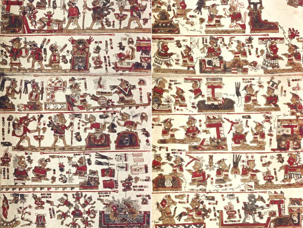 Deux pages du Codex Selden, lequel est conservé à la bibliothèque Bodleian, au Royaume-Uni. Ce manuscrit pourrait nous permettre de mieux connaître les Mixtèques, cette civilisation précolombienne. © Bodleian Library