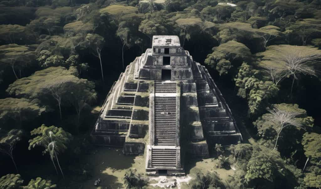 Image générée par intelligence artificielle d'une structure monumentale maya dans la jungle mexicaine. © OpenArt.ai