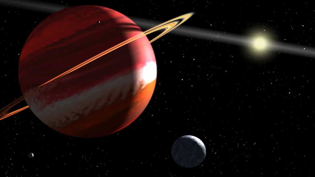 Le système planétaire d'Epsilon Eridani. Représentation du système planétaire d'Epsilon Eridani (une étoile naine orange), situé à 10,5 années-lumière de nous. © Nasa/Esa/G. Bacon
