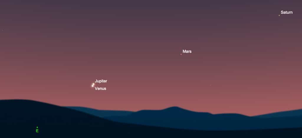 Vénus et Jupiter se croisent dans le ciel avant l'aube, le 1er mai. © SkySafari