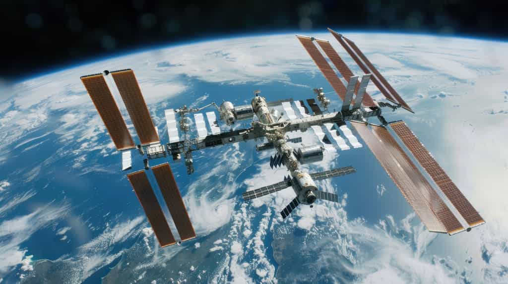 Illustration de la Station spatiale internationale. © MarkFinal, Adobe Stock (image générée avec IA)