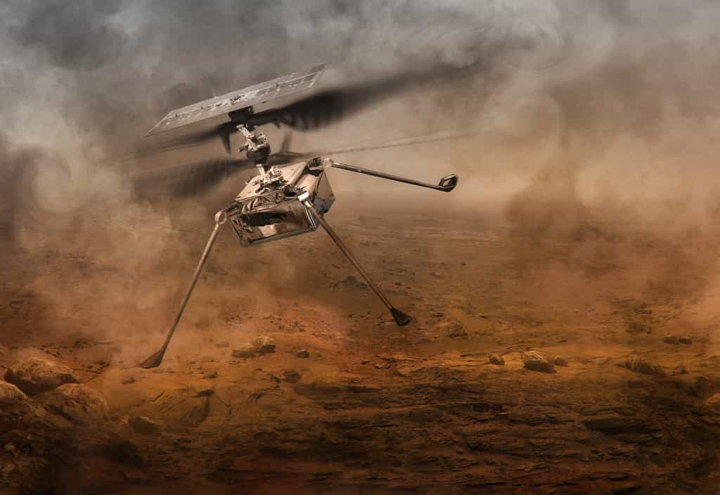 Illustration d'un drone hélicoptère dans le ciel de Mars. © Corona Borealis, Adobe Stock