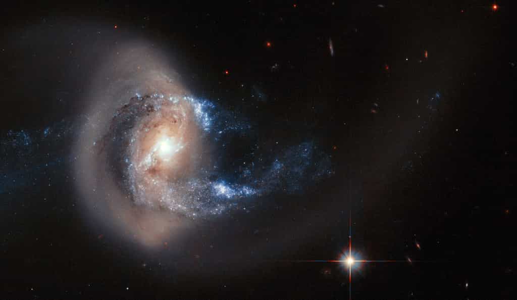 À 100 millions d'années-lumière, NGC 7714 est une galaxie spirale encore sous le choc d'une collision avec une galaxie plus petite. © ESA, Nasa