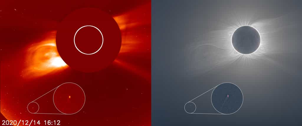 L'éclipse totale du Soleil, à droite et l'environnement du Soleil scruté par Soho, à gauche. © Nasa, ESA, Soho, Andreas Möller (Arbeitskreis Meteore e.V.), et Joy Ng. (photo de l'éclipse)