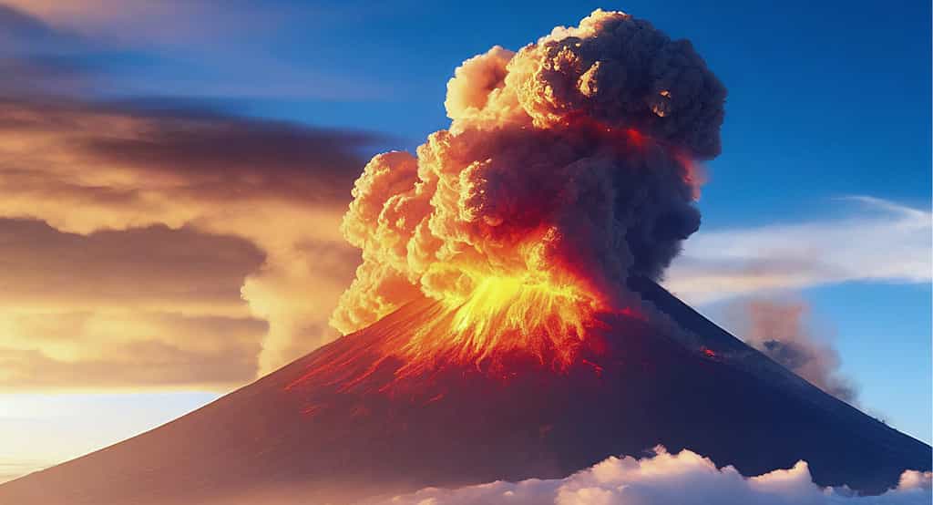 Illustration d'une nuée ardente sur un volcan qui s'élève en forme de champignon. © Futura, généré avec Firefly, Adobe