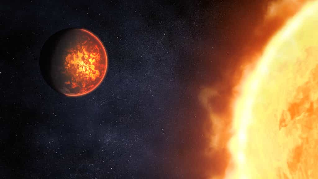 Une vue d'artiste montrant à quoi pourrait ressembler l'exoplanète 55 Cancri e, basée sur notre compréhension actuelle de la planète. 55 Cancri e est une planète rocheuse dont le diamètre est presque le double de celui de la Terre et qui orbite à seulement 0,015 unité astronomique de son étoile semblable au Soleil. En raison de son orbite rapprochée, la planète est extrêmement chaude, avec des températures diurnes atteignant environ 2.400 degrés Celsius. © Nasa, ESA, CSA, Dani Player (STScI)