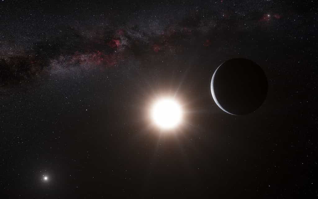 La Nasa envisage une mission vers Alpha du Centaure. Ici, illustration d’une planète en orbite autour d’Alpha du Centaure B. L’étoile qui brille en bas à gauche est Alpha du Centaure A. L’objet le plus brillant en haut à droite est le Soleil, distant de 4,3 années-lumière. © L. Calçada, Nick Risinger, ESO