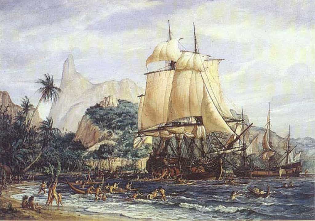 Arrivée de Bougainville à Tahiti en avril 1768, par Gustave Alaux.© Musée national de la Marine.