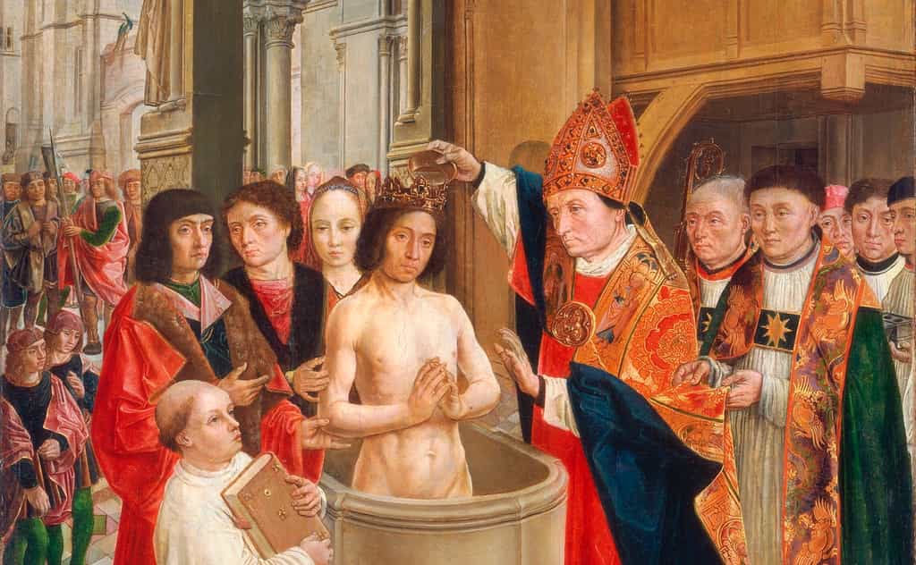 Clovis baptisé par l’évêque Saint Remi de Reims. Tableau des Maîtres de Saint-Gilles, vers 1500. © National Gallery of Art, Washington