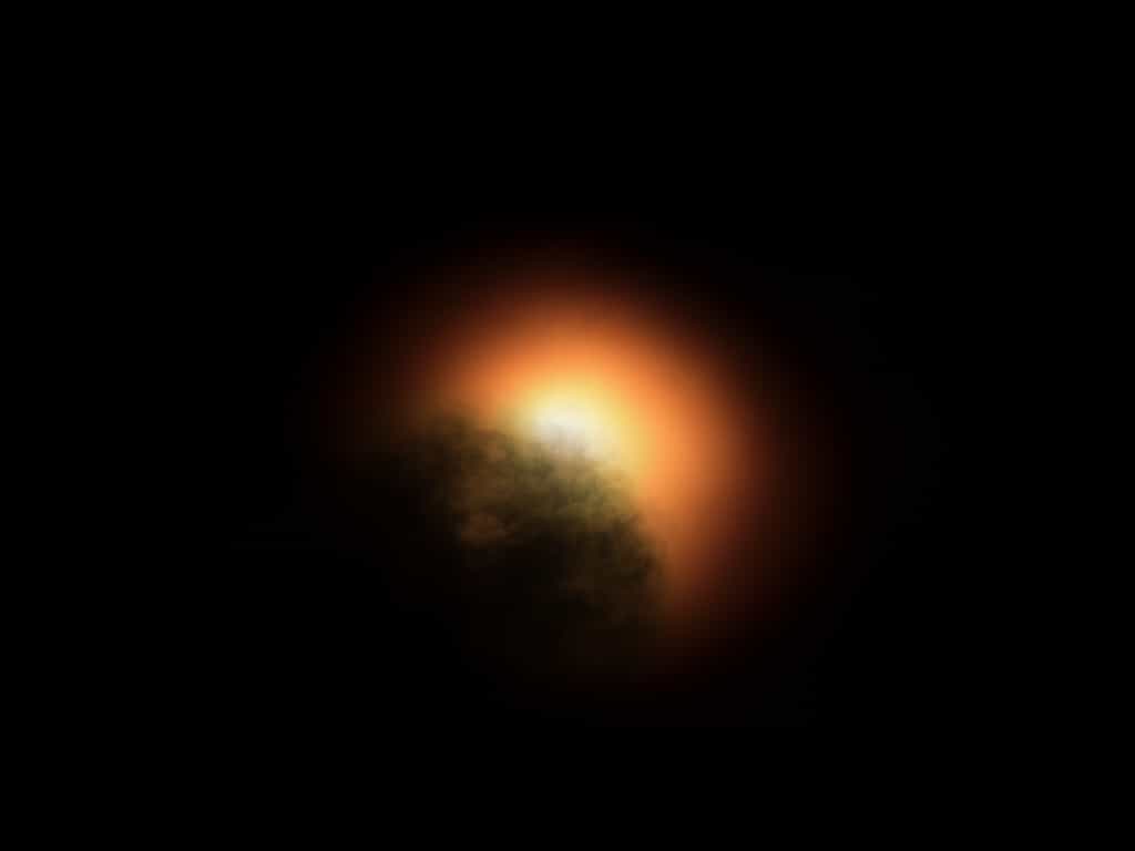 Bételgeuse aurait perdu de sa luminosité à cause d’immenses nuages de poussières ayant bloqué&nbsp; jusqu’à 40 % de sa lumière dans le visible. Ici, le phénomène en vue d’artiste. © MPIA graphics department
