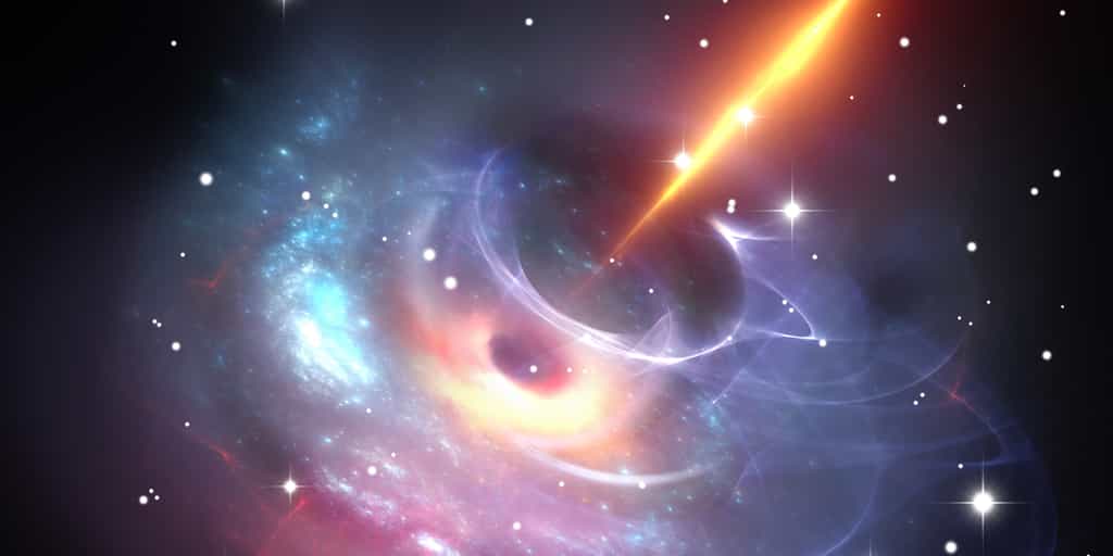 Des chercheurs de l’Institut national d’astrophysique italien de Milan ont observé le blazar le plus lointain jamais observé. Il se situe à 12,8 milliards d’années-lumière de notre Terre. Ici, une vue d’artiste d’un blazar. © Peter Jurik, Adobe Stock