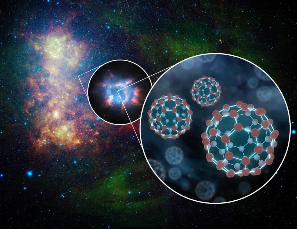 Une vue d'artiste du buckminsterfullerène ionisé par des étoiles dans le milieu interstellaire. © Nasa