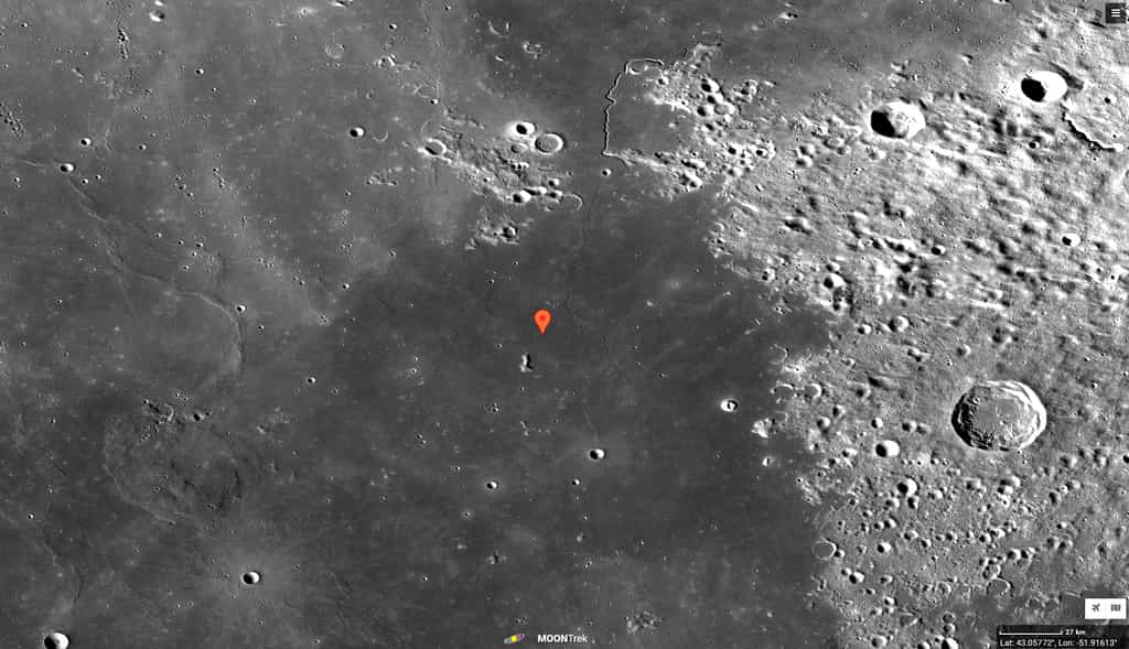 La région de Mons Rümker, dans l'océan des Tempêtes, site d'atterrissage de la mission Chang'e 5. Image acquise par la sonde LRO de la Nasa. © Nasa, Moon Trek