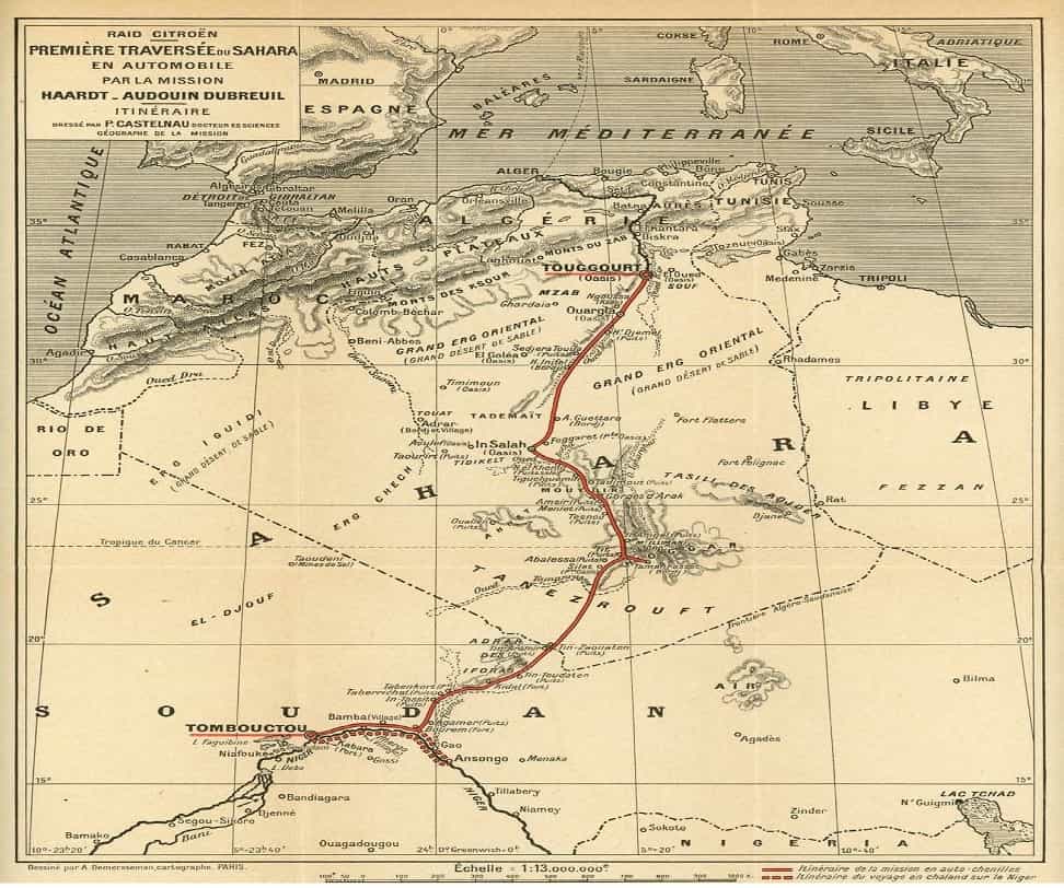 La carte de la première traversée du Sahara réalisée par Citroën. © Citroën