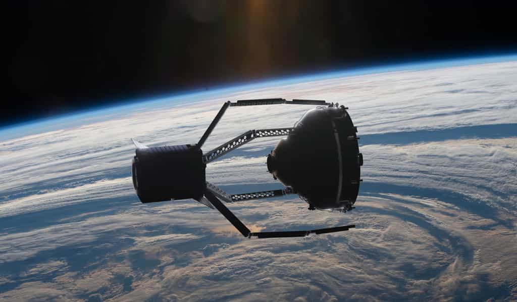 CleanSpace-1 en train de saisir avec sa pince géante un débris spatial. © ClearSpace SA