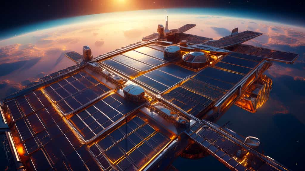 Concept de centrale électrique spatiale générée par l'IA d'Adobe. © Adobe Firefly