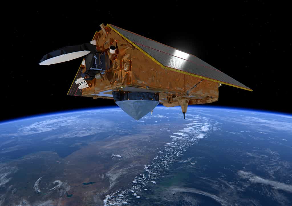 Le satellite Sentinel-6 Michael Freilich. Construit par Airbus, ce satellite, également appelé Jason CS (Jason continuité de service), a été lancé en novembre 2020. Il fait partie du programme européen Copernicus de la Commission européenne et observera en permanence le niveau moyen des océans, un des meilleurs indicateurs du changement climatique. © ESA, ATG-Medialab