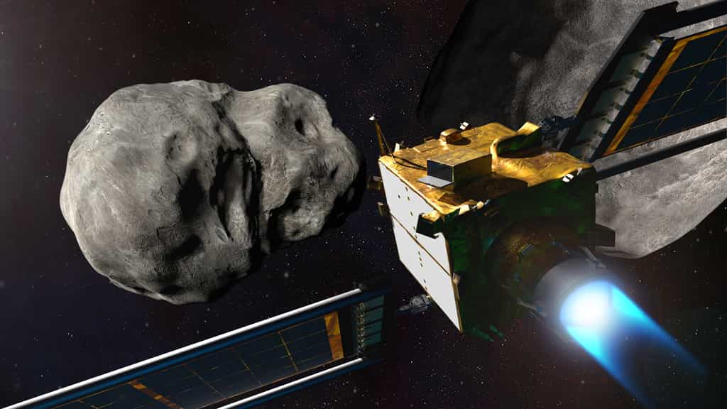 Vue d'artiste de la mission Dart et de l'astéroïde binaire Didymos. © Nasa, Johns Hopkins APL, Steve Gribben