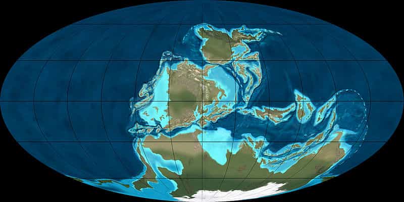 Il existait deux océans principaux durant le Carbonifère : Panthalassa et Paléotéthys, ce dernier étant situé dans le C créé par les masses continentales. © Ron Blakey, NAU Geology, Wikimedia Commons, cc by sa 3.0
