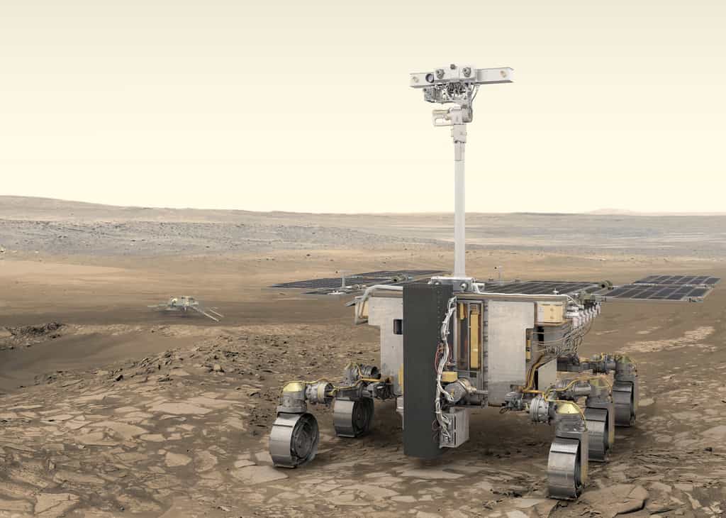 Vue d'artiste du rover ExoMars de l'ESA (premier plan) et de la plateforme russe (arrière-plan). © ESA, Medialab
