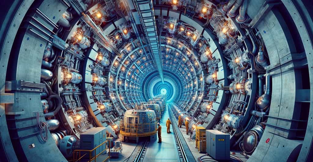 Illustration de l'intérieur d'un grand collisionneur de particules du futur vue par une IA. © XD pour Futura avec DALL-E