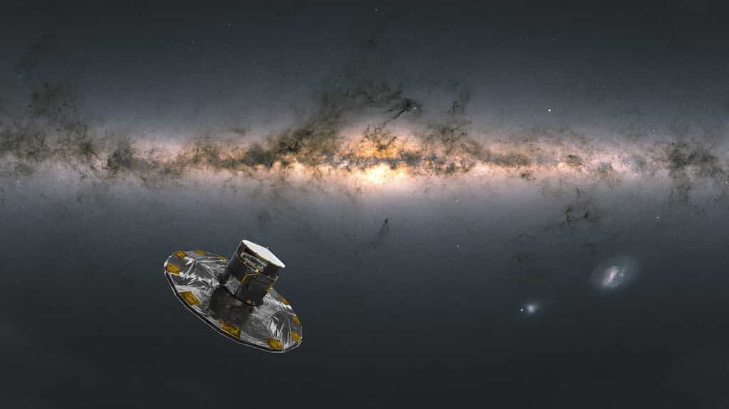 Le satellite Gaia observant et mesurant les objets de la Voie lactée. À droite, les galaxies du Petit et Grand Nuage de Magellan. © satellite : ESA/ATG medialab &amp; Voie lactée : ESA, Gaia, DPAC ; CC by-sa 3.0 IGO