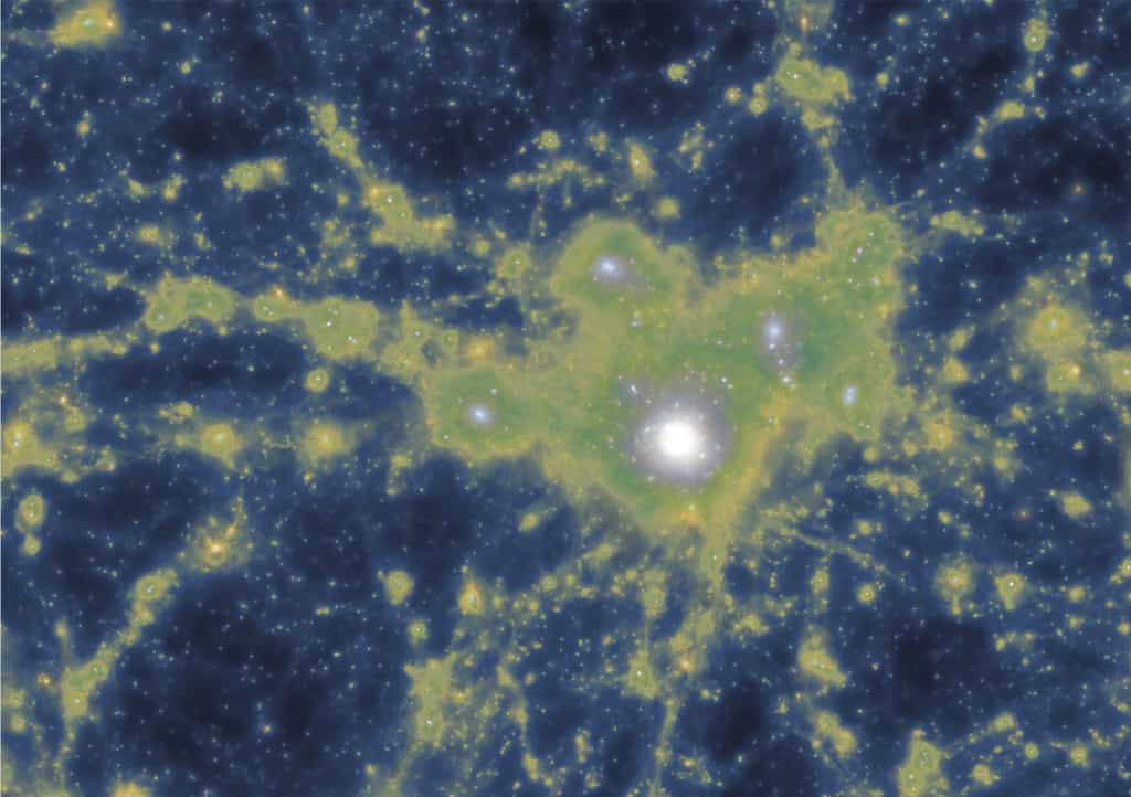 Simulation montrant la distribution de la densité de matière noire superposée à la densité de gaz. Cette image montre les canaux de gaz reliant la galaxie centrale à ses voisines. © Gupta et al, Astro 3D, Illustris TNG collaboration