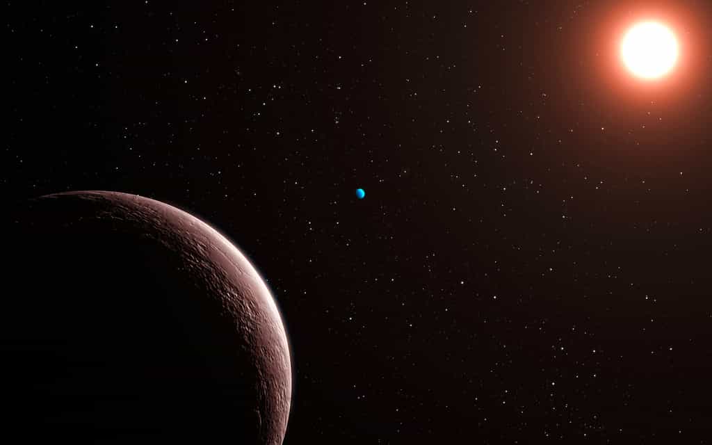 Vue d'artiste du système planétaire Gliese 581 qui a la particularité d'abriter l'exoplanète la plus légère trouvée à ce jour (2009). © ESO / L. Calçada