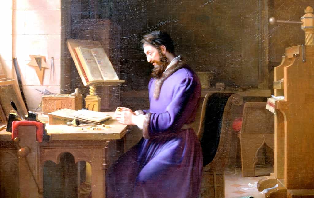 Tableau « Gutenberg inventant l'imprimerie » par Jean-Antoine Laurent en 1831 ; musée des Beaux-Arts de Lyon, musée d'art de Grenoble. © Wikimedia Commons, domaine public