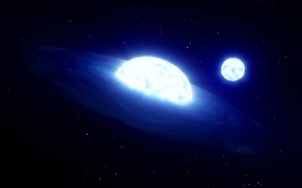 Une nouvelle recherche utilisant les données du Very Large Telescope et du Very Large Telescope Interferometer de l'ESO a révélé que HR 6819, que l'on croyait être un système triple avec un trou noir, est en fait un système de deux étoiles sans trou noir. Les scientifiques, une équipe KU Leuven-ESO, pensent avoir observé ce système binaire pendant un bref instant après que l'une des étoiles a&nbsp;aspiré l'atmosphère de sa compagne, un phénomène souvent appelé « vampirisme stellaire ». Cette vue d'artiste montre à quoi pourrait ressembler le système ; il est composé d'une étoile ovale entourée d'un disque (une étoile « vampire » de type Be ; au premier plan) et d'une étoile de type B qui a été dépouillée de son atmosphère (à l'arrière-plan). © ESO, L. Calçada