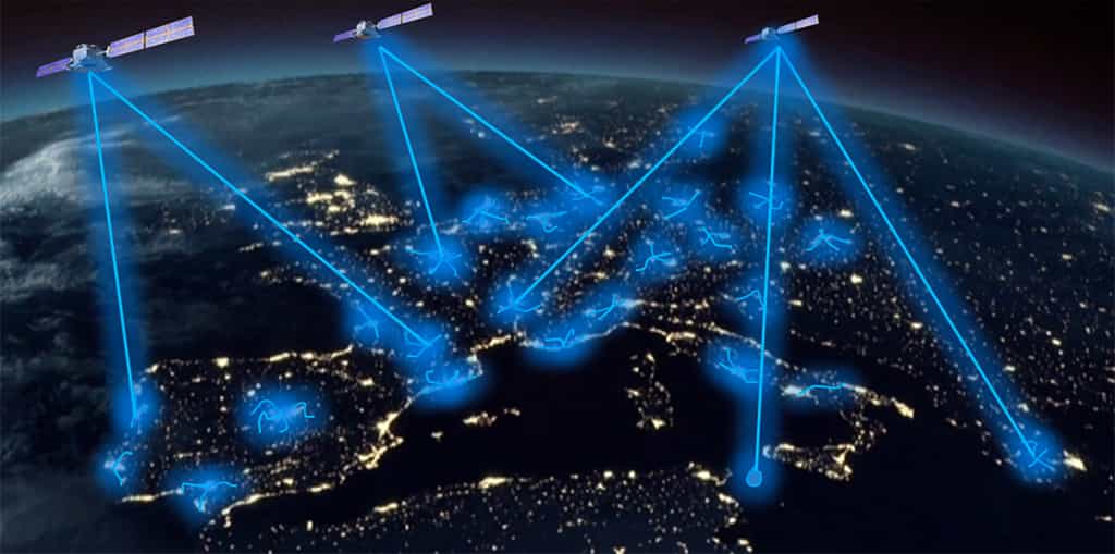La future infrastructure de télécommunications quantiques européenne s'appuiera sur un réseau terrestre de fibre optique et une constellation de satellites. © Thales