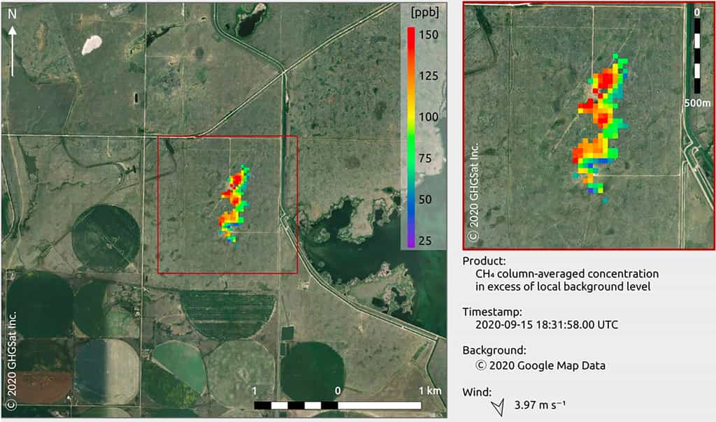 Premières données du deuxième satellite de surveillance des émissions de méthane de GHGSat. La performance du satellite (Iris) a été vérifiée avec le rejet contrôlé de méthane en Alberta au Canada. © GHGSat Inc