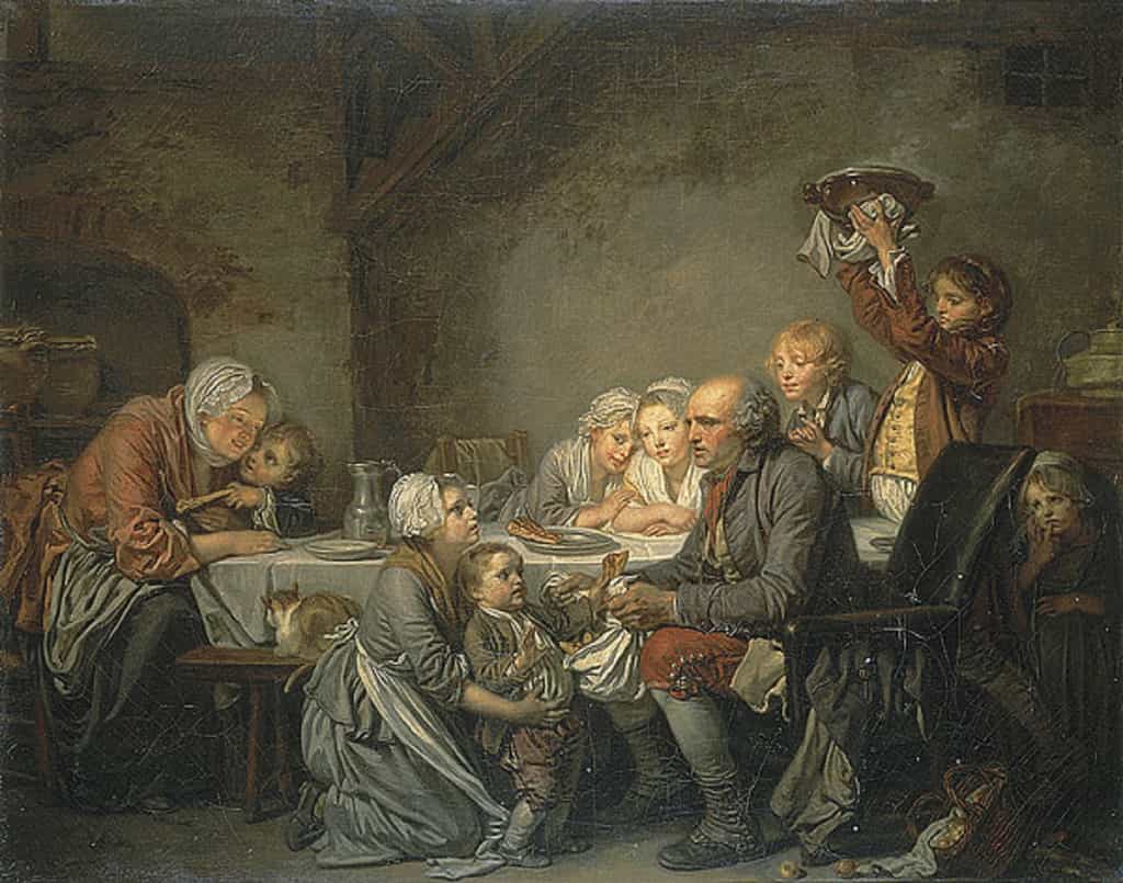 Tableau de Jean-Baptiste Greuze peint en 1774 : Le gâteau des rois. Représentation d'une famille de paysans aisés au XVIIIe siècle. © Musée Fabre, Montpellier.