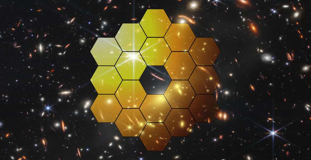 Image composite de la première image du télescope James-Webb sur laquelle est superposée une représentation de son miroir. © Nasa,&nbsp;Yuri Hoyda, Adobe Stock