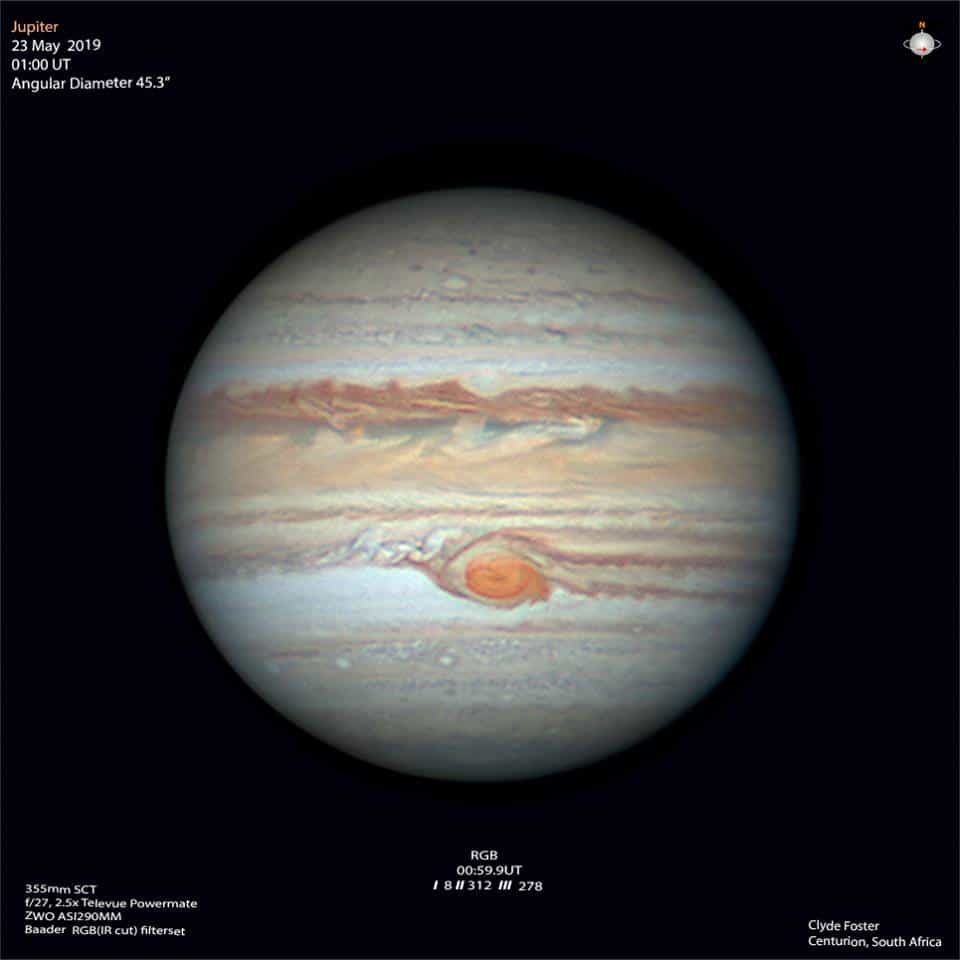 Jupiter et sa Grande Tache rouge le 23 mai 2019. © Clyde Forster