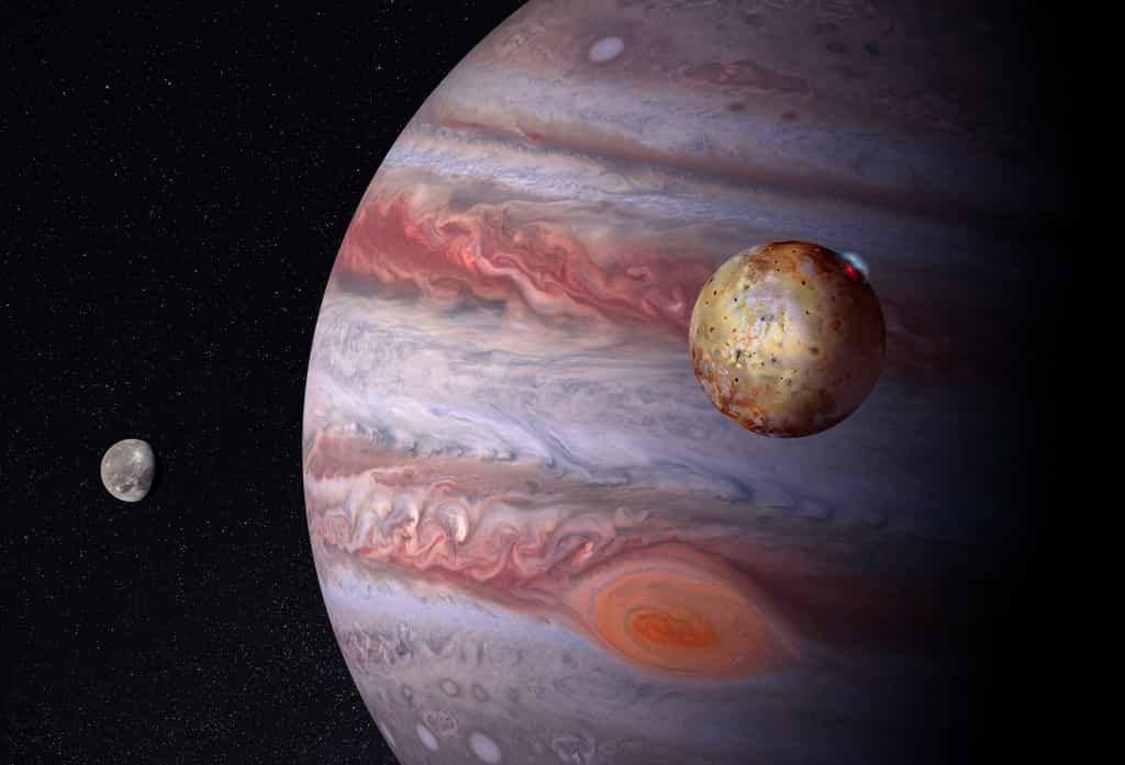 Io (au premier plan), petite lune de Jupiter, est agitée par une intense activité volcanique, qui pourrait prendre sa source dans un vaste océan de magma. © Pavel, Adobe Stock