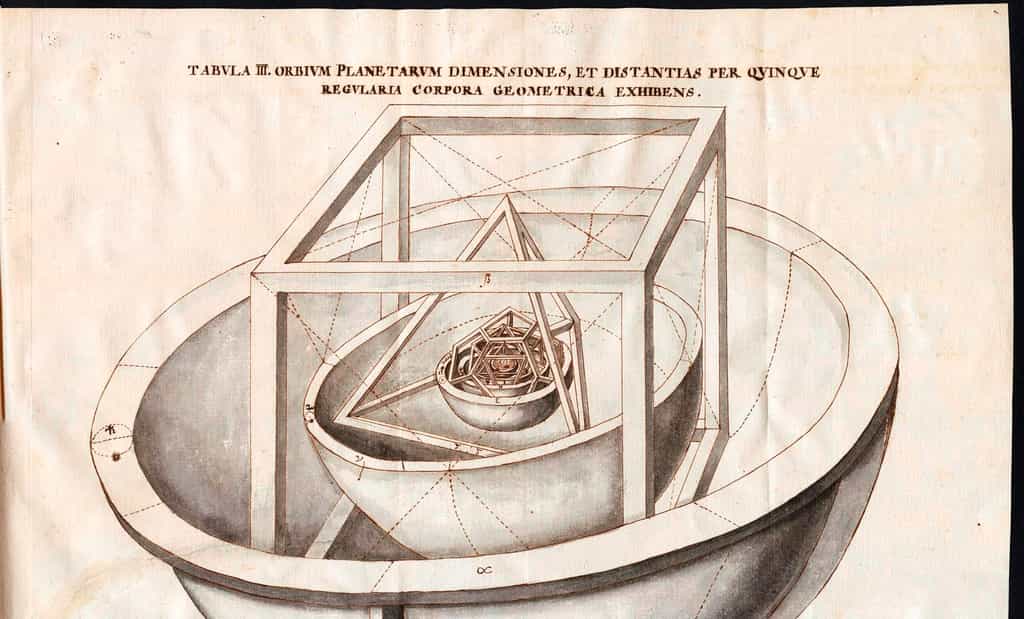 Mysterium Cosmographicum est un livre d'astronomie de l'astronome allemand Johannes Kepler, publié à Tübingen en 1597. Kepler y proposait que les relations de distance entre les six planètes connues à cette époque puissent être comprises en termes des cinq solides de Platon, enfermés dans une sphère représentée par l'orbite de Saturne. Cette théorie était accompagnée du dessin que l'on voit ici pour l'illustrer. © DP