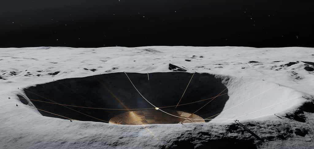 La surface de la Lune est couverte de cratères, et l'une des dépressions naturelles pourrait fournir une structure de support pour une parabole de radiotélescope. © Vladimir Vustyansky