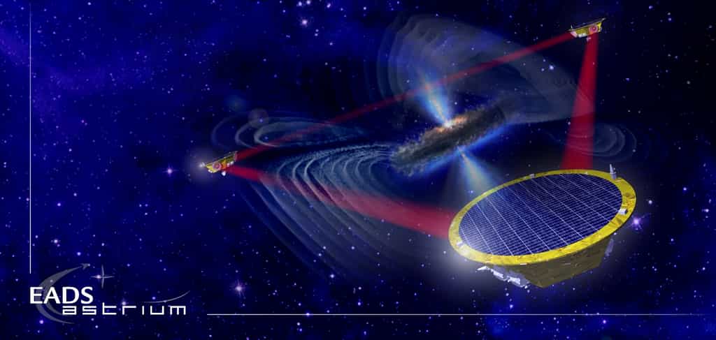 Lorsque deux trous noirs massifs entrent en collision puis fusionnent, l’événement fait vibrer l’horizon du trou noir à la façon d’une membrane avec ces modes. Pour retourner à son état d’équilibre le trou noir rayonne alors sous forme d’ondes gravitationnelles avec des fréquences très basses. La mission eLisa, que l'on voit ici avec ses trois satellites connectés par des rayons laser, devrait pouvoir observer et mesurer ce phénomène à partir de 2034. © EADS, Astrium